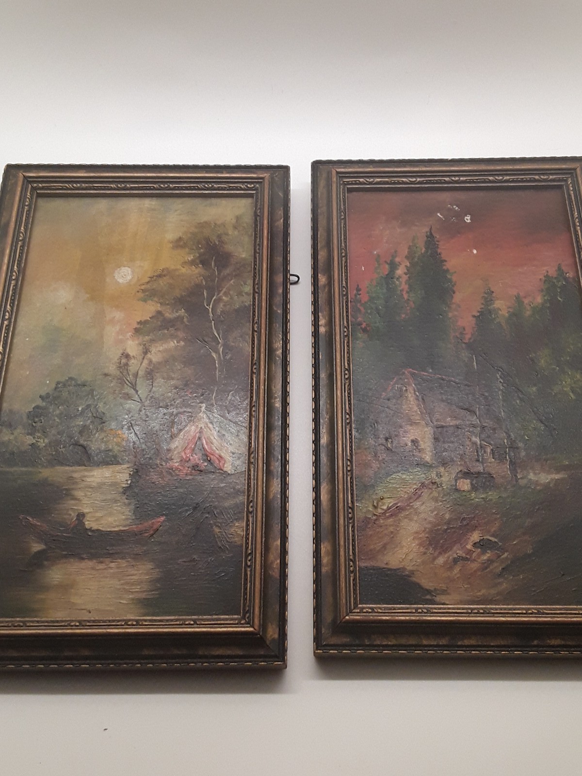 2 Lovely Small Framed Vintage Oil Paintings Sunrise & Sunset River Bank, Moody