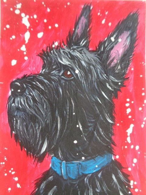 ACEO Adorable BLACK SCOTTIE SCOTTISH TERRIER DOG PORTRAIT Painting ART