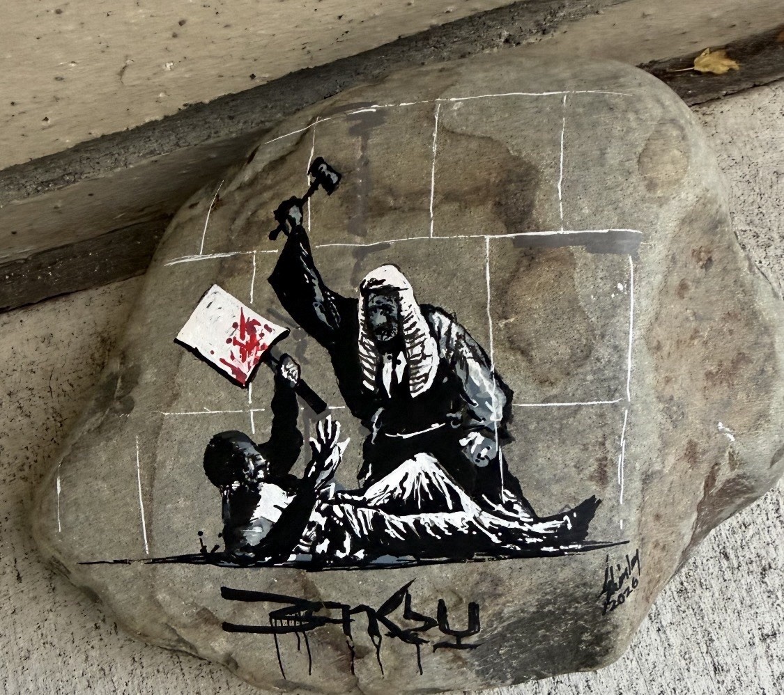 Banksy Free Speech“ Removed! Hand Painted On a Large Rock” Approx 8” X 7” X 3 .5