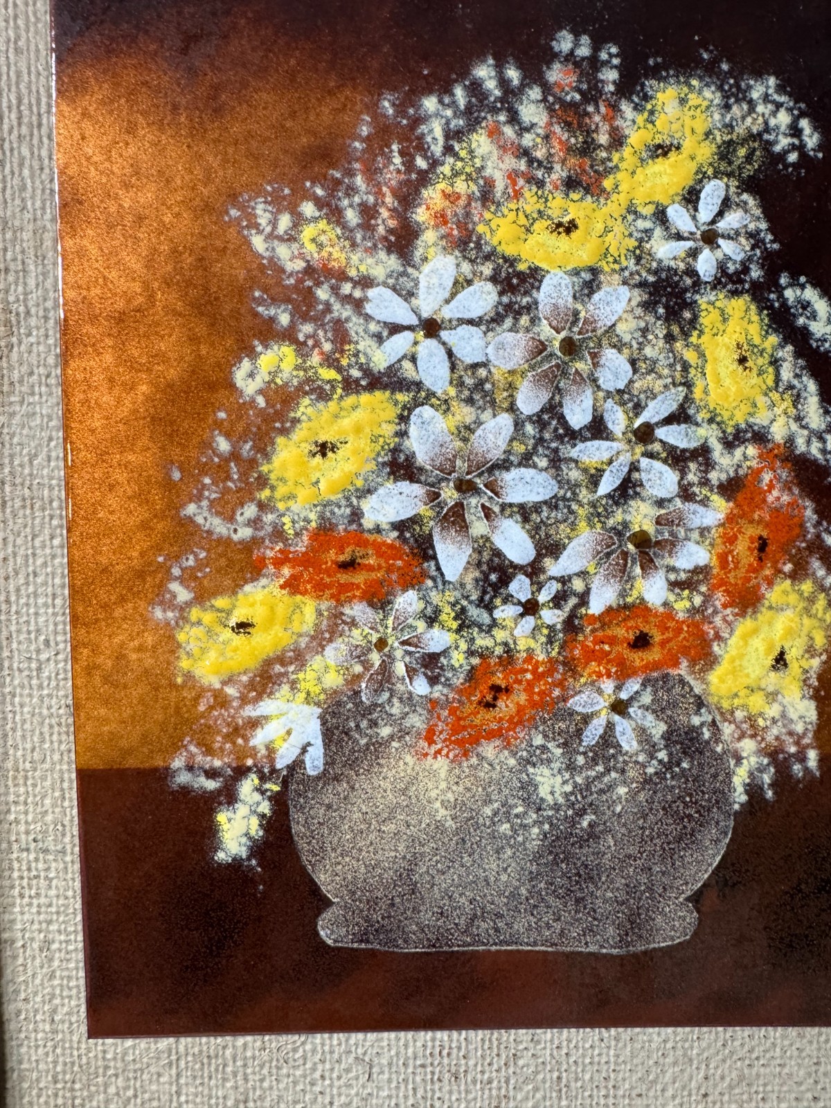 Terri Oullette «A Floral Scene» Enamel On Copper Painting – Signed And Framed