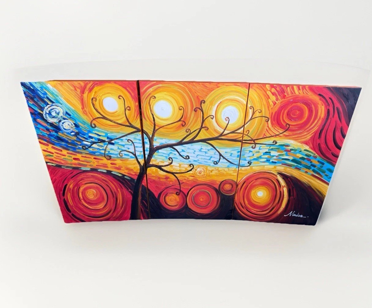 Abstract Tree and Starry Night Hand Painted 3 Piece Acrylic Canvas Art Signed