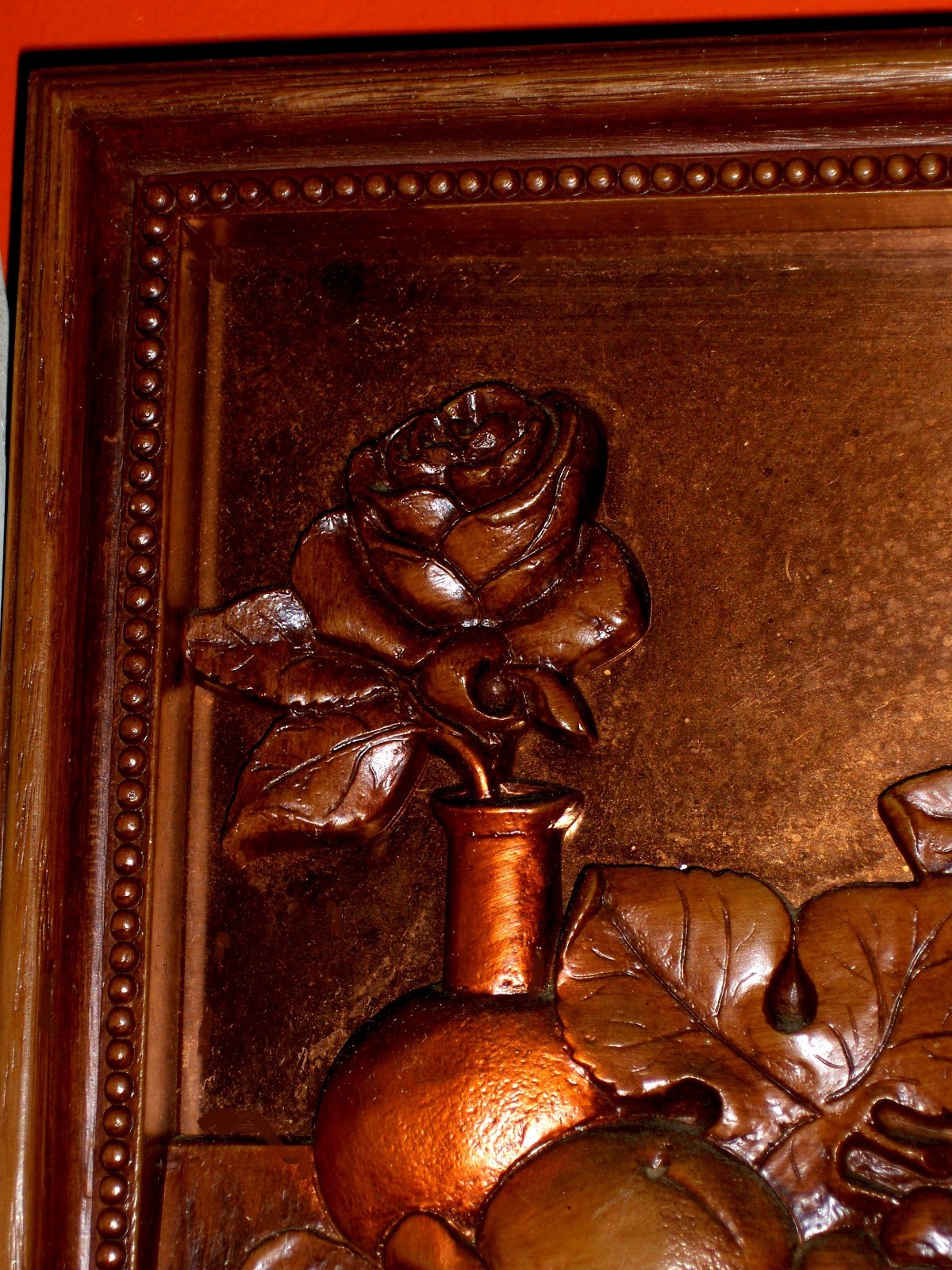 ORIGINAL VINTAGE Pitcher Fruits Rose Still Life Painted Copper like Metal Art