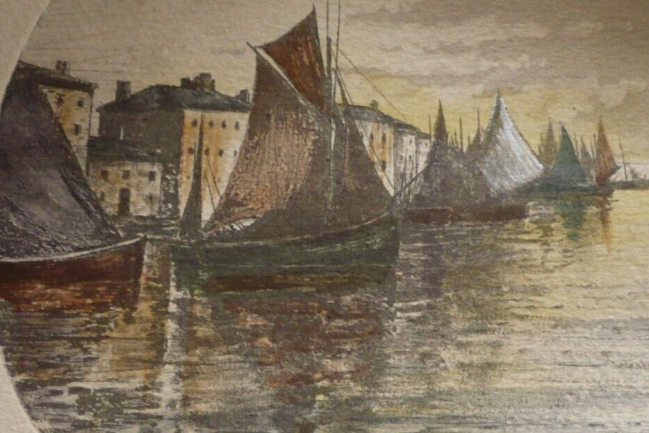 MYSTERY ETCHING in Color PENCIL SIGNED VINTAGE PRINT SHIPS , MODERN & LISTED ART
