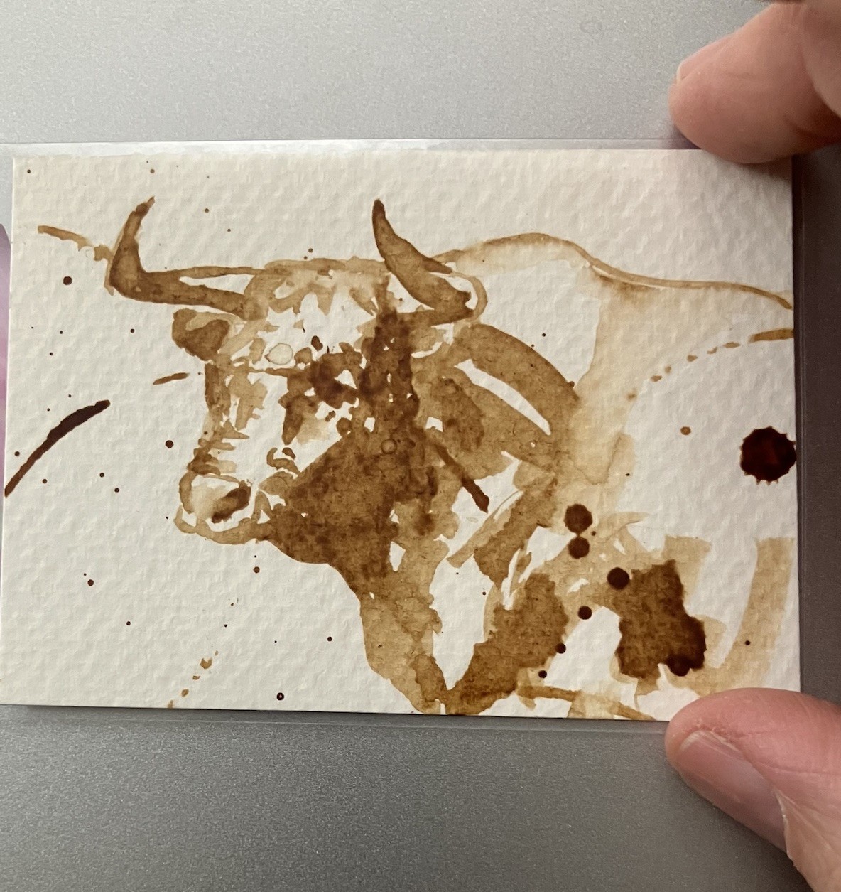 Aceo Original Coffee Bull Painting Miniature Realism Western ATC Cow Art Gift