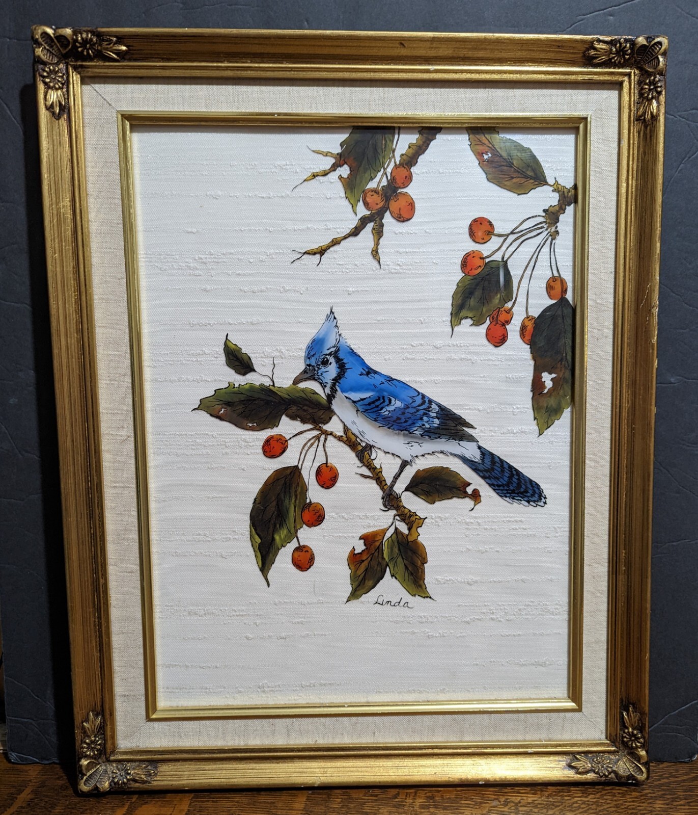 Vntg Reverse Paint on Glass Blue Jay Cherry Tree Leaves Limbs Gold Frame 19 x 15