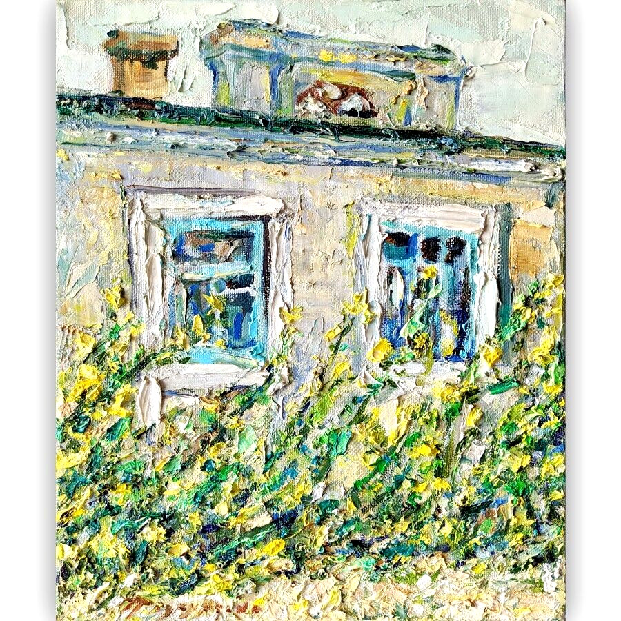 Textured Cottage Window Flowers Original Oil Painting Rustic House 9×12″ Canvas