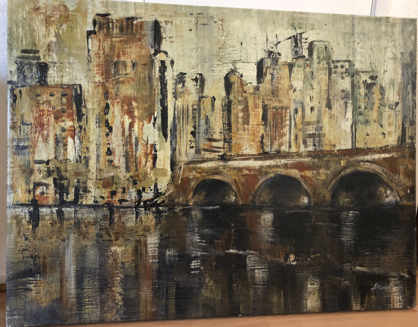 Artist Signed Cityscape Tall Building, Bridge River/Lake Giclee On Canvas Large