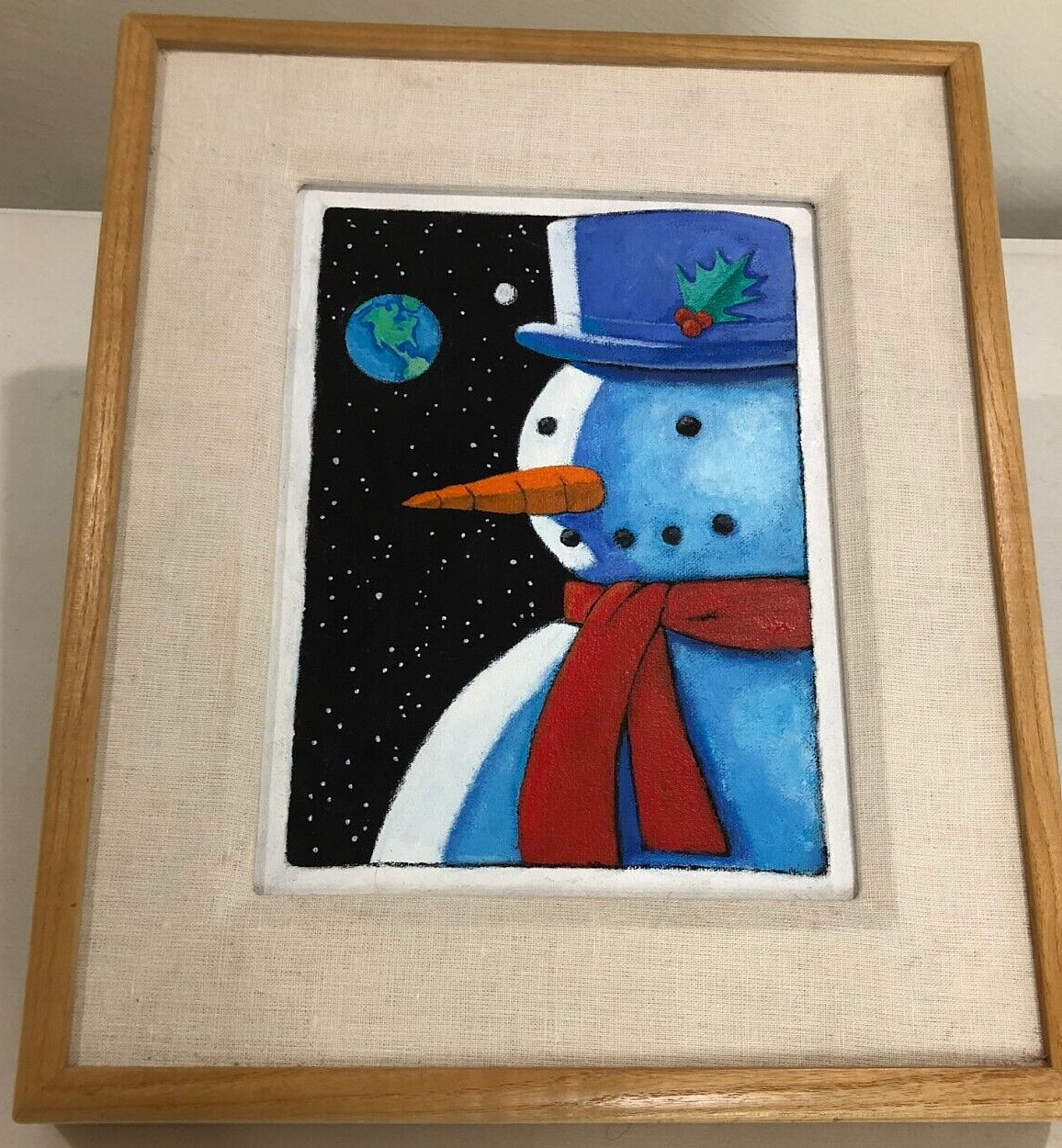 Original Acrylic Painting Snowman Christmas Space Framed Matted 15″H X 12.5″W