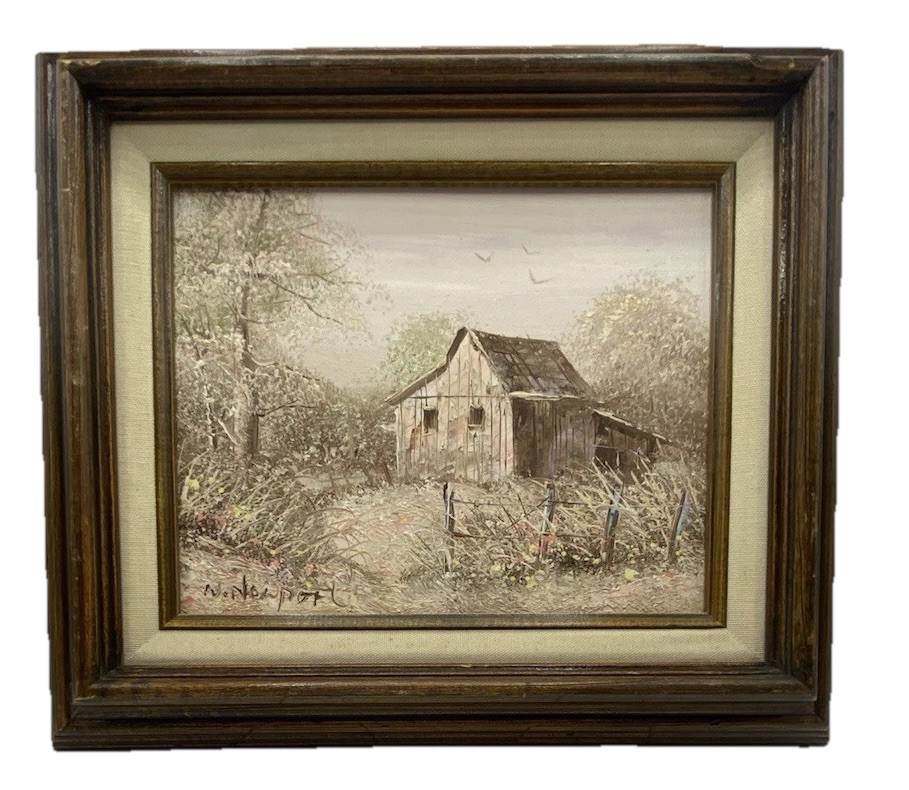 Vintage William Newport Barn Oil Painting Signed Landscape Linen Frame