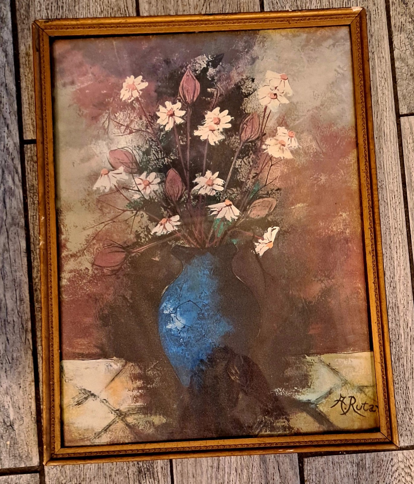 Mid Century Original LITHOGRAPH On Canvas Of Flowers Blue Vase By Rutan