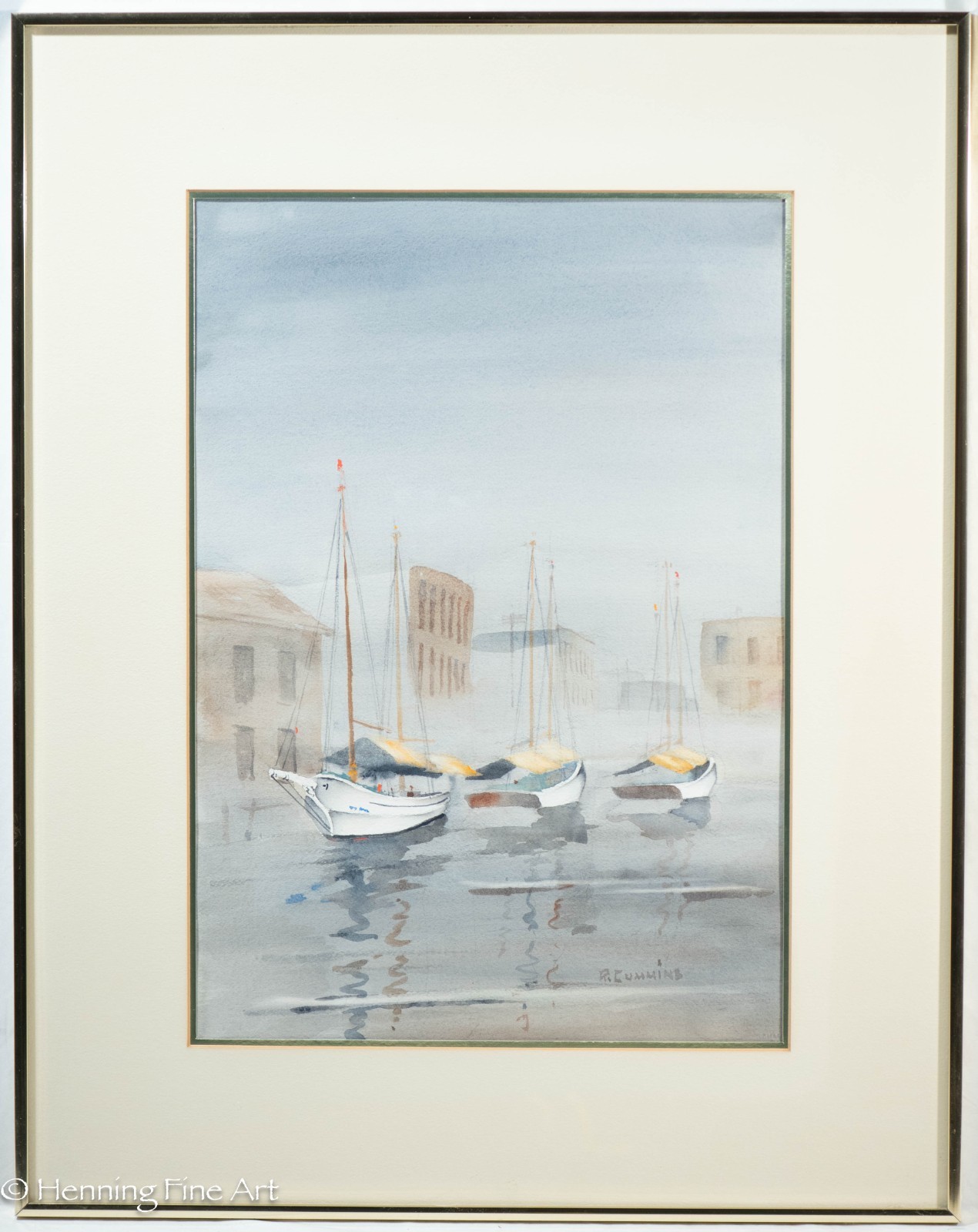 Vintage Robert Cummins Painting of Sailboats in European City Harbor 28 x 22″