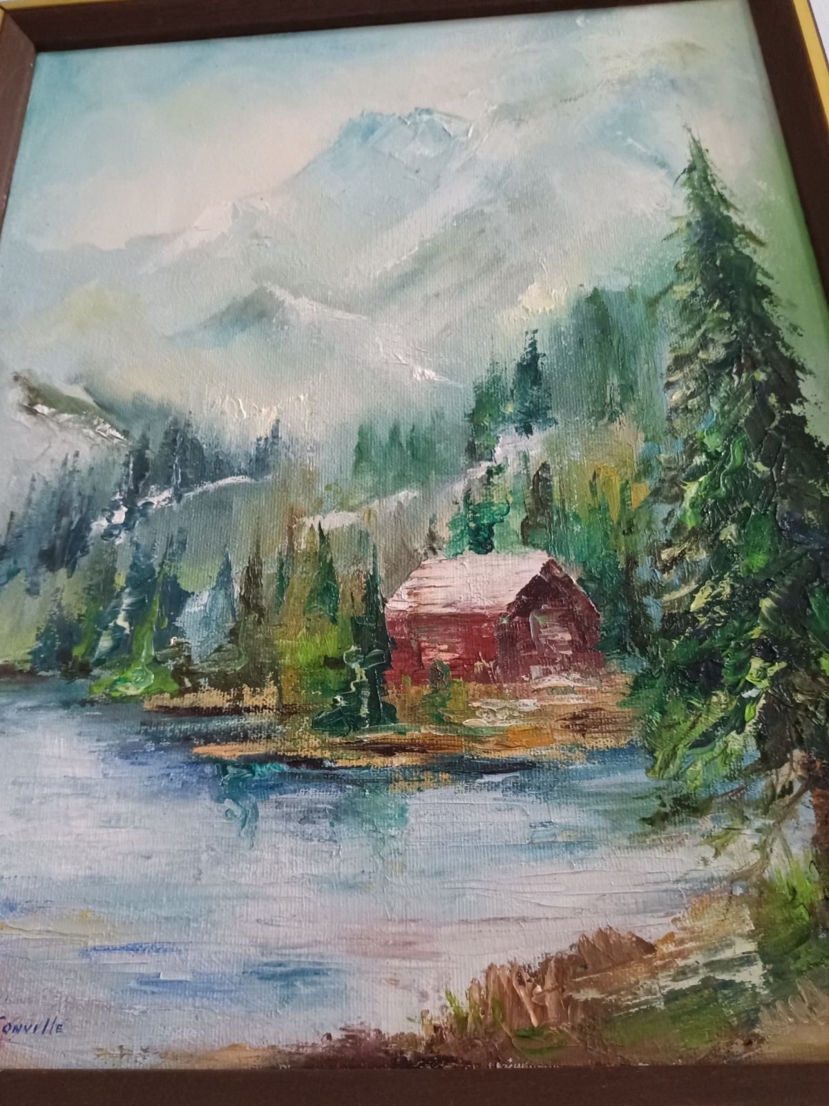 Vintage Original Oil Paintings Mountain Lake Cabin Landscape 1980 Signed Pair