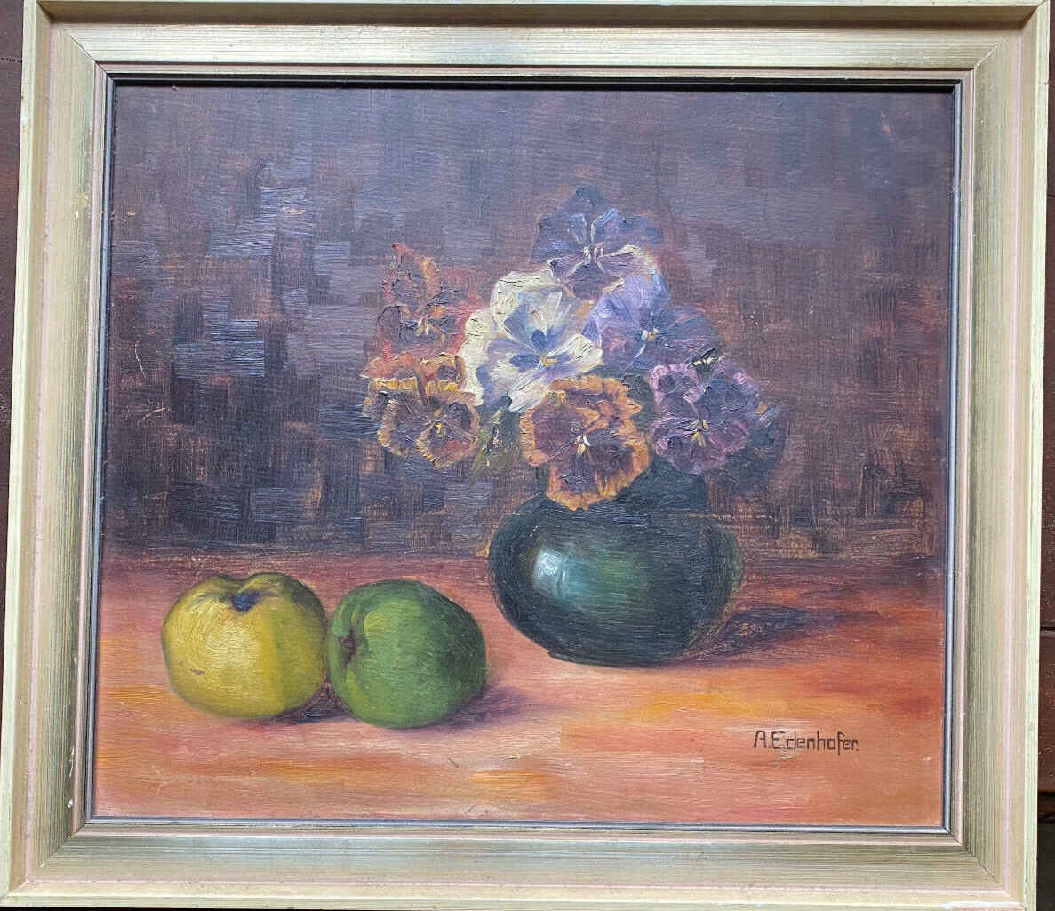 Oil painting signed A. Edenhofer still life pansies in vase with apples