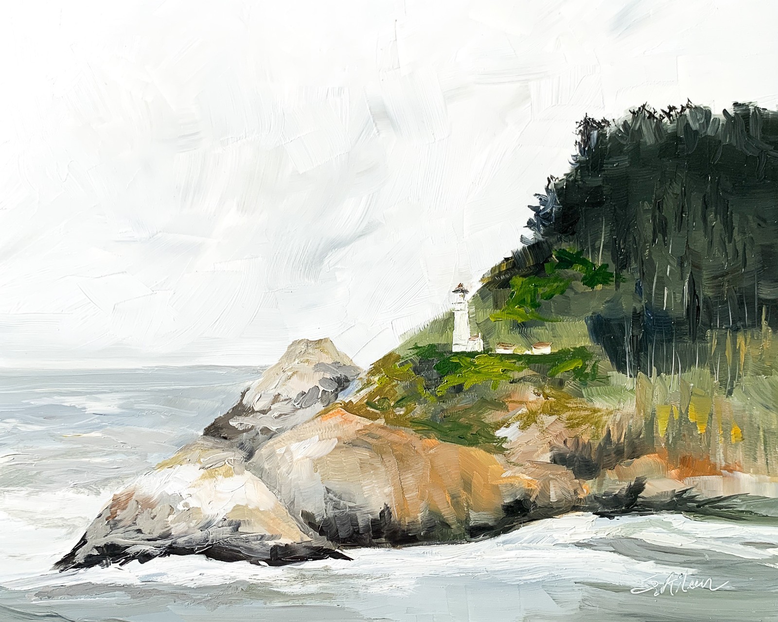 8×10 PNW Original Oil Painting Haceta Head Lighthouse Oregon Coast Ocean Signed