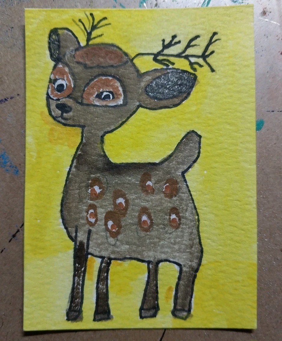 ACEO ORIGINAL Deer “Fawn Friend” Folk Art By Artist GAT 2026 Watercolor Painting