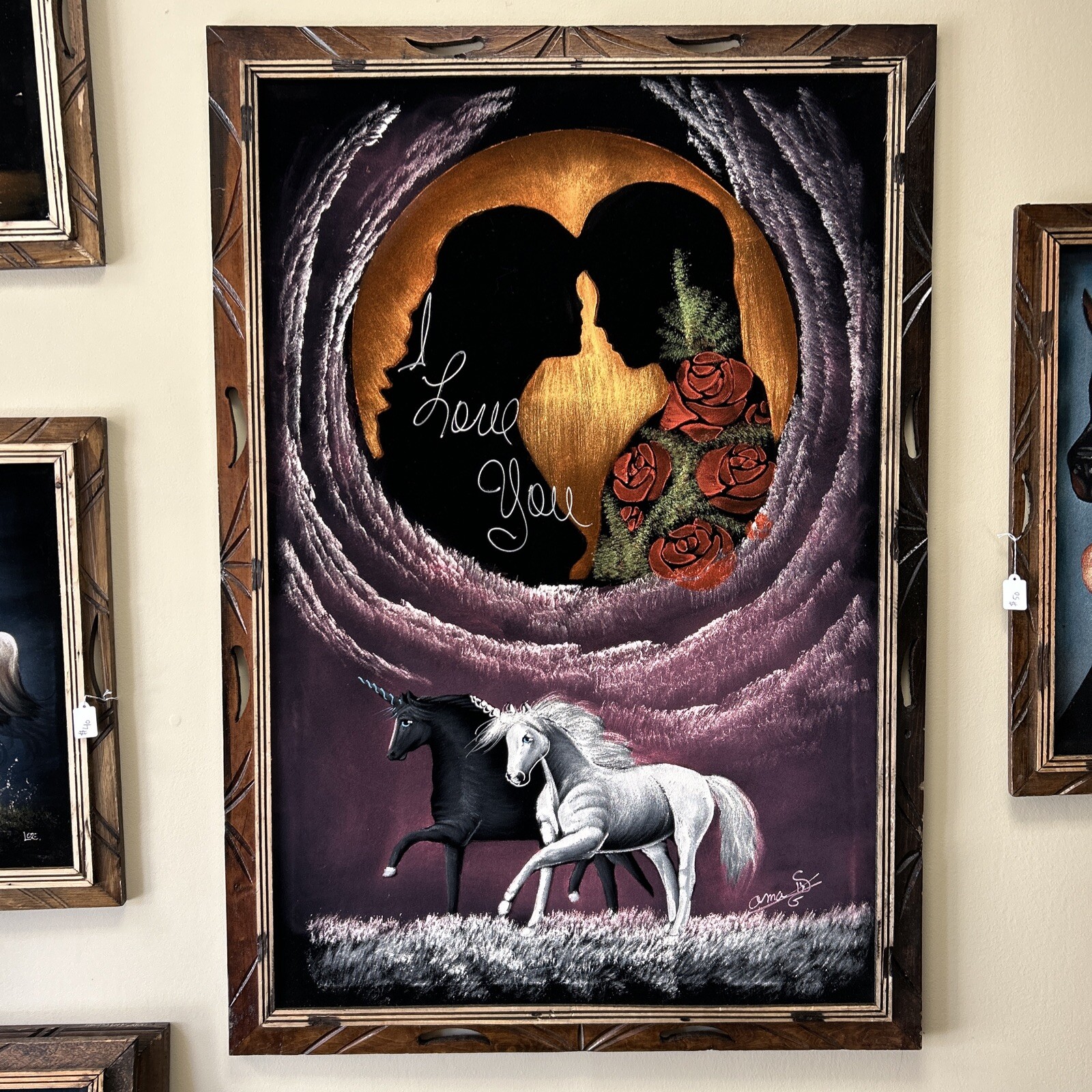 Vintage Black Velvet Painting I Love You UNICORN 28 in x 40 in Pride MCM Fantasy