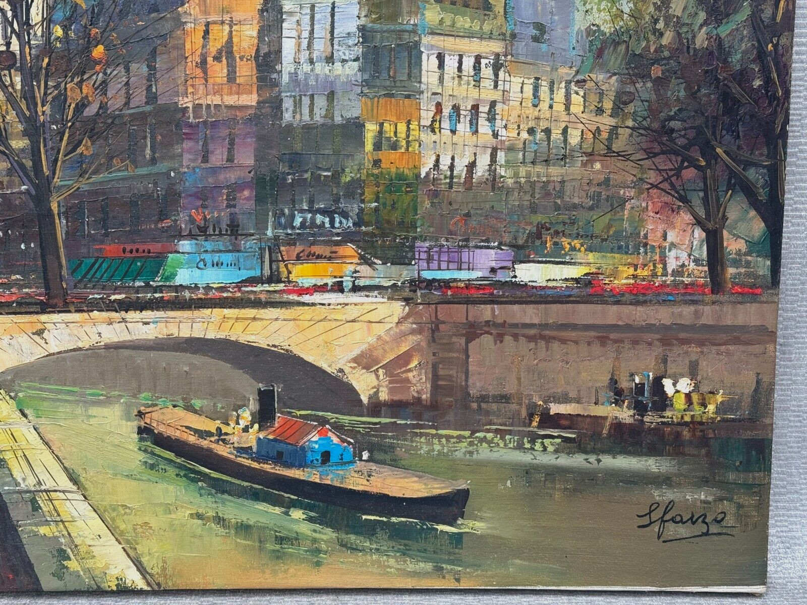 L FARZO SIGNED ILLEGIBLE PARIS FRANCE OIL PAINTING RIVER SEINE FIGURES STREET