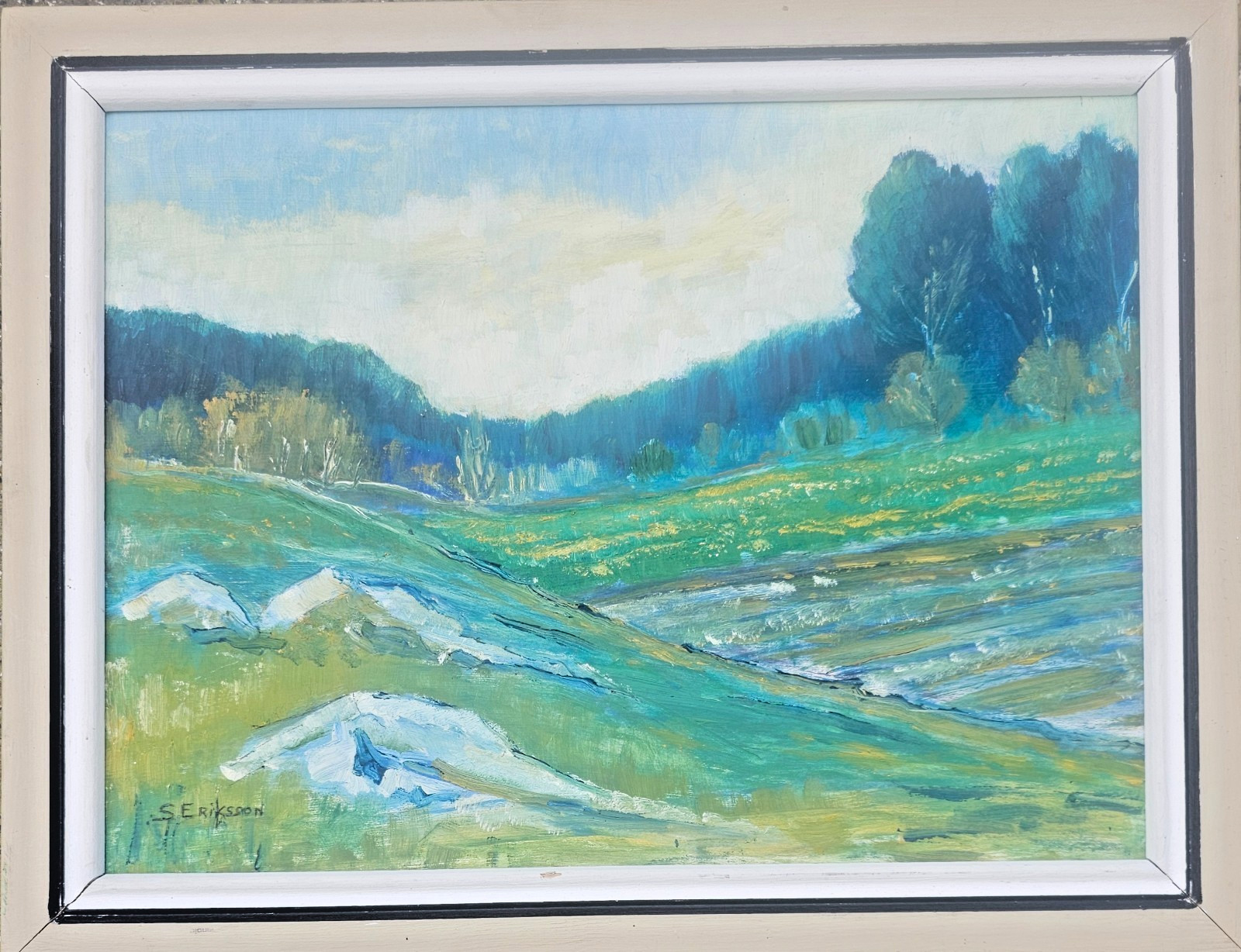 SCANDINAVIAN MID CENTURY LANDSCAPE OIL PAINTING CALM NORDIC WALL DECOR SIGNED.