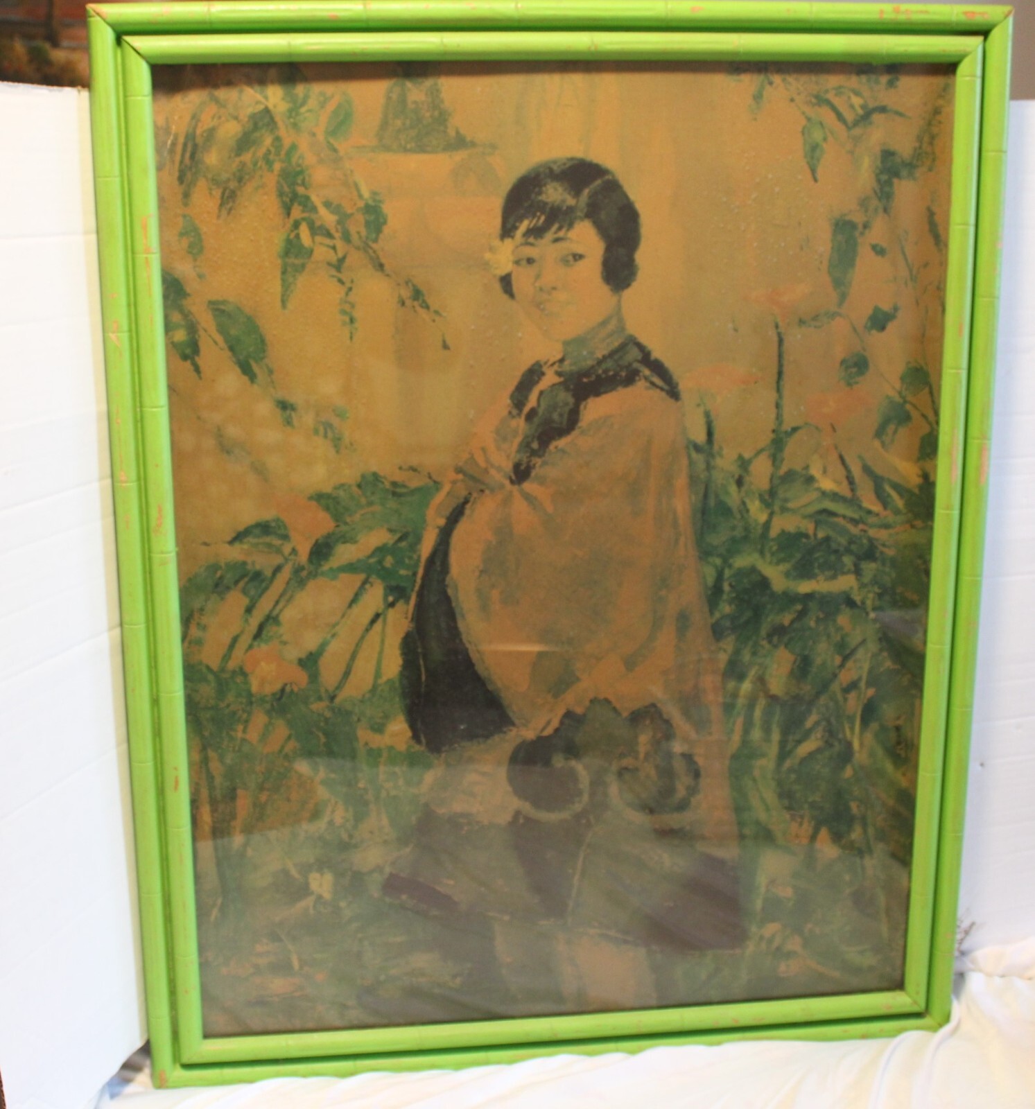 Vintage Asian Original Watercolor ? Painting Of Girl with flower in her hair