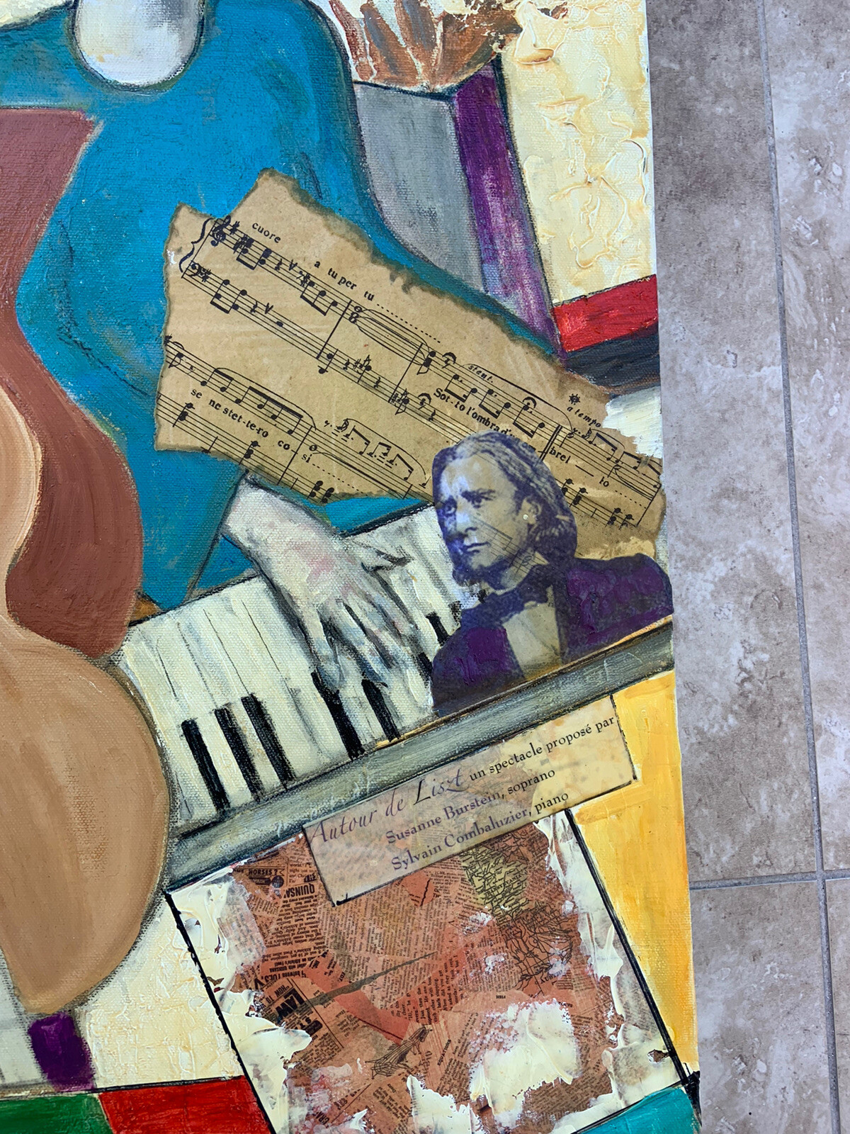 Oil Painting Music Guitar Collage Signed 2013 Symbolism