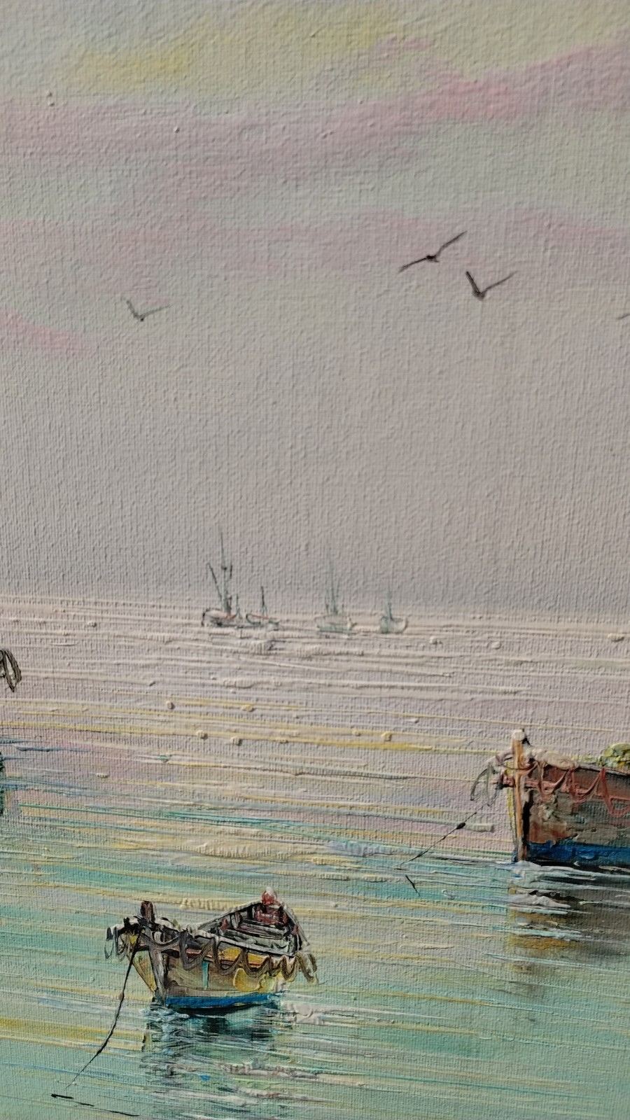 Huge John Luini New England Harbor Fishing Boat Vtg Canvas Oil Painting 52″x29″
