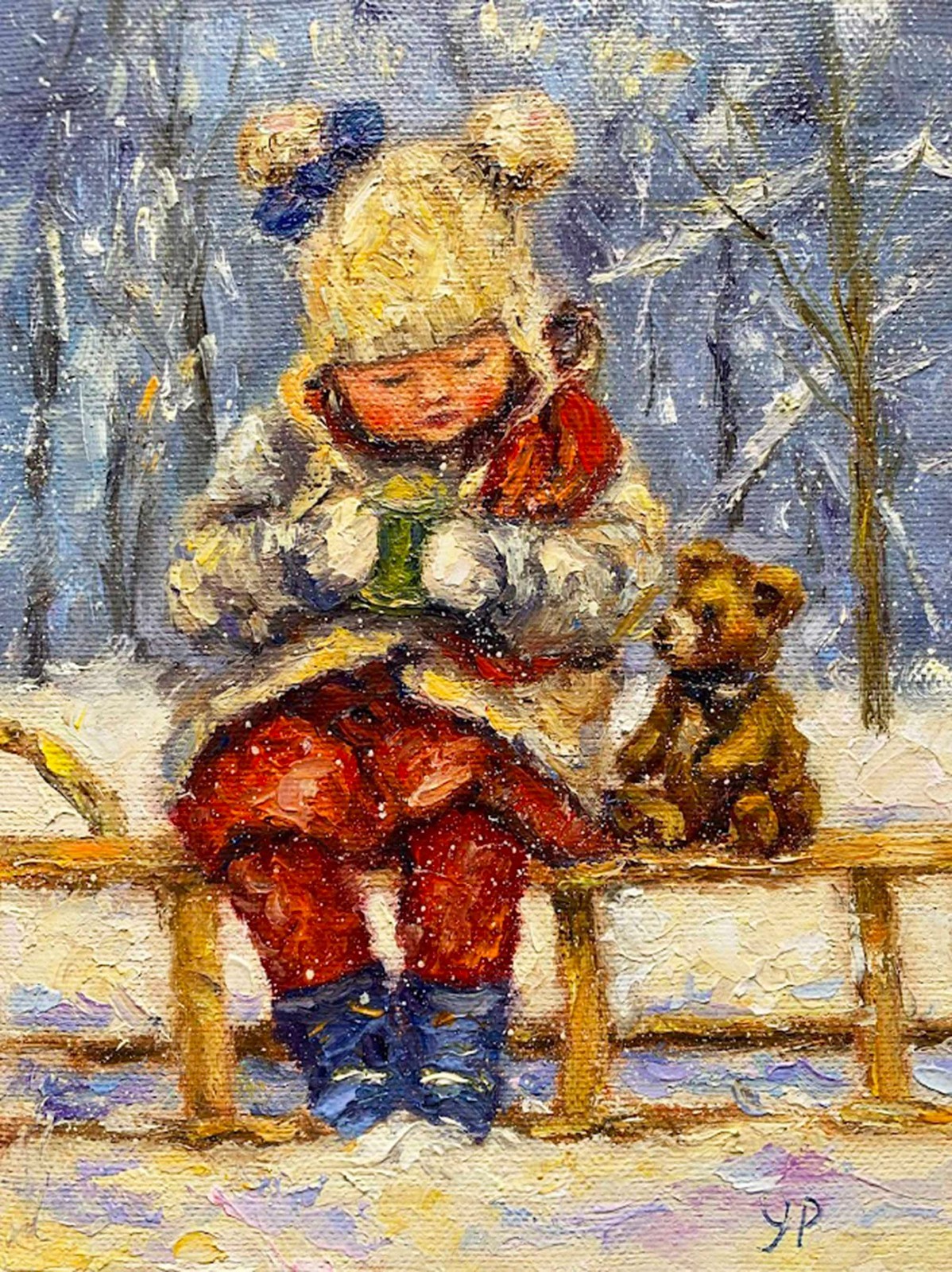 Original Oil Painting Girl with Teddy Bear, Winter Wall Art, Impressionist Child