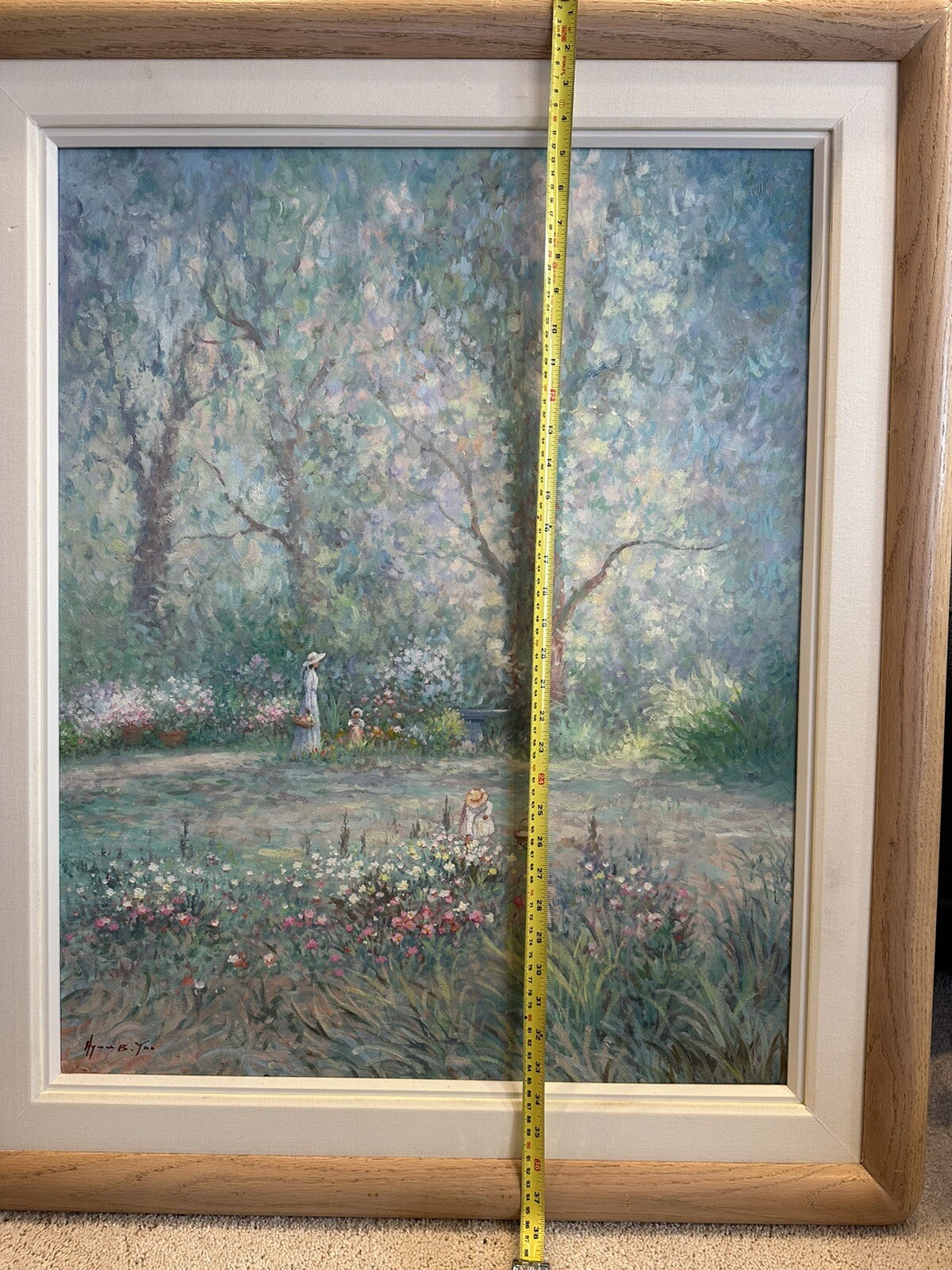 Hyun Bo Yoo «Mother & Child in Flower Garden» Framed Vtg Oil Painting Signed 38″