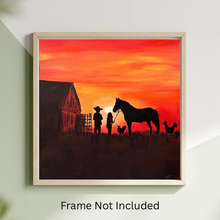Original Cowboy Sunset Painting Acrylic Canvas Western Barn Silhouette Art 12×12