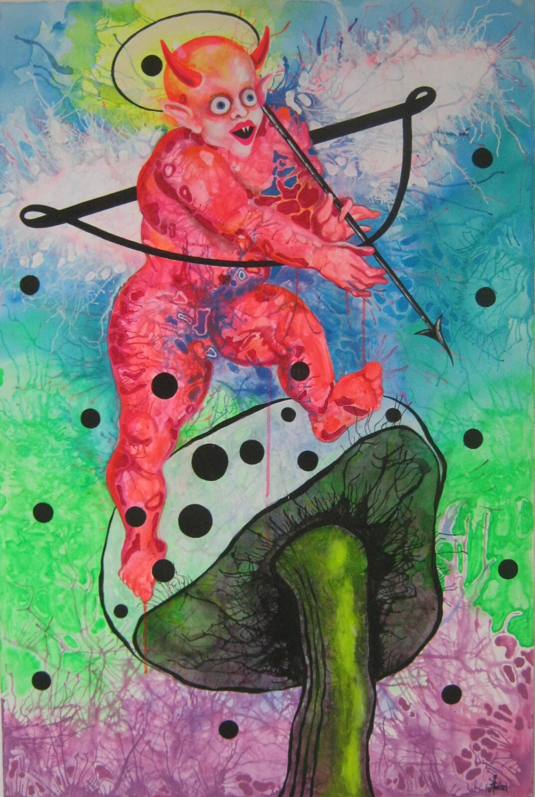 psychedelic pop painting original art manga cartoon humor angel devil mushroom