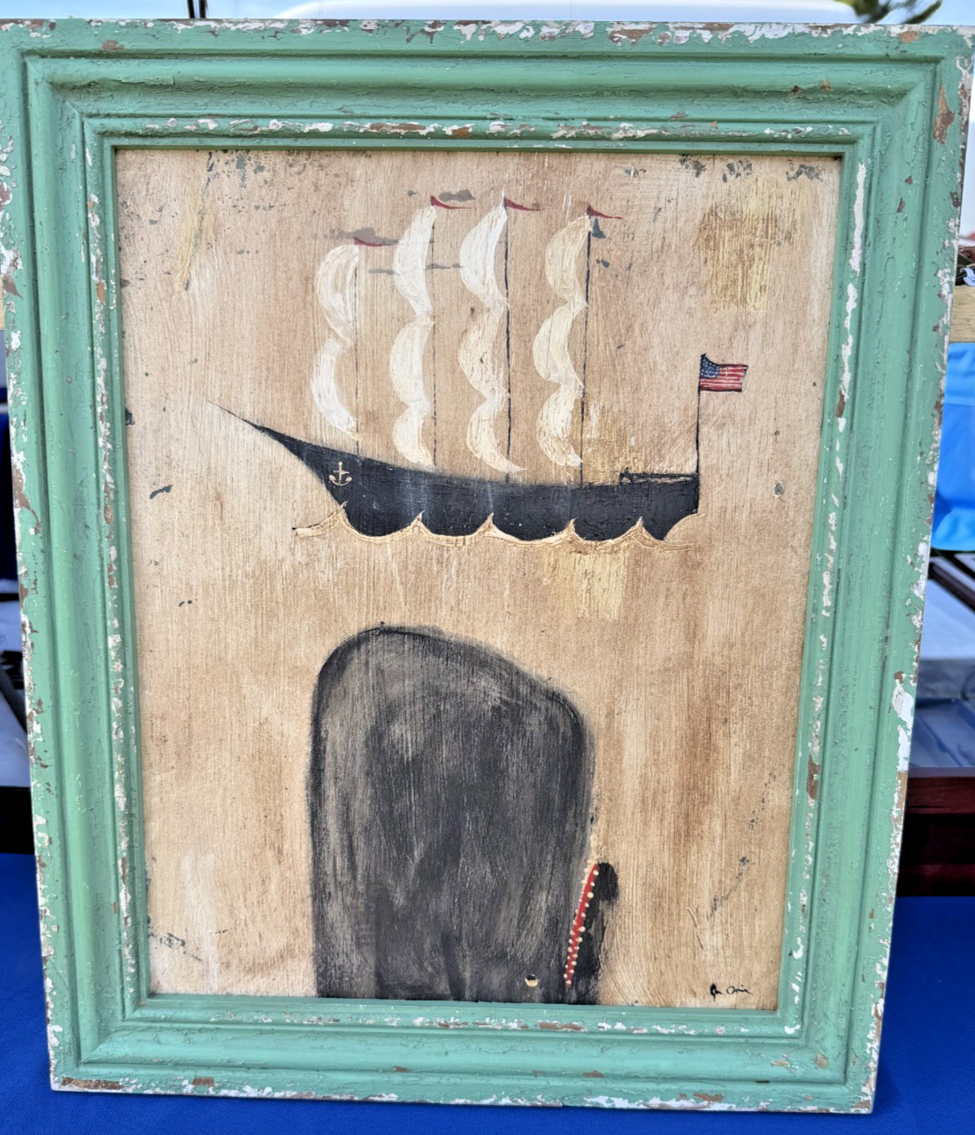 FOLK ART Whale painting Maritime nautical ART signed home /beach decor on board