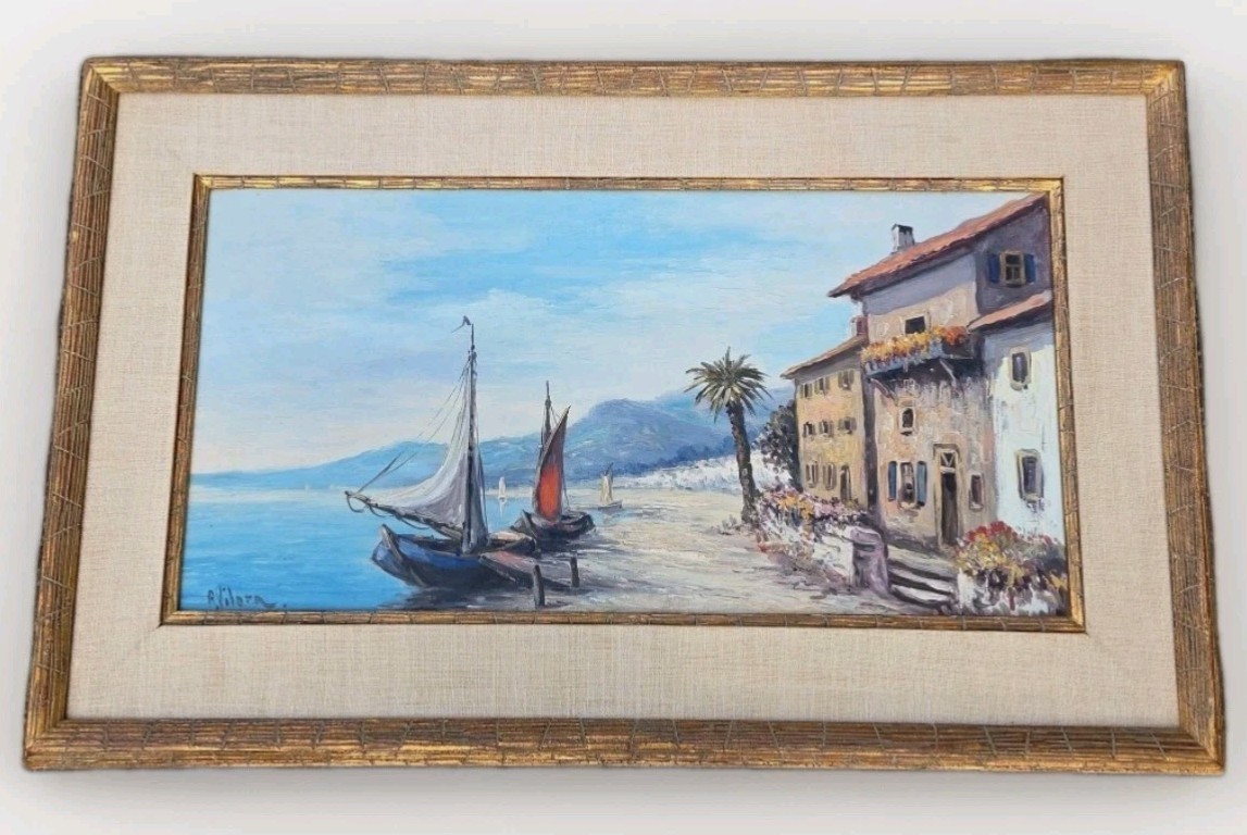 VTG Mid-Century Oil Painting Coastal Art Boat Wood Gold Carved Frame