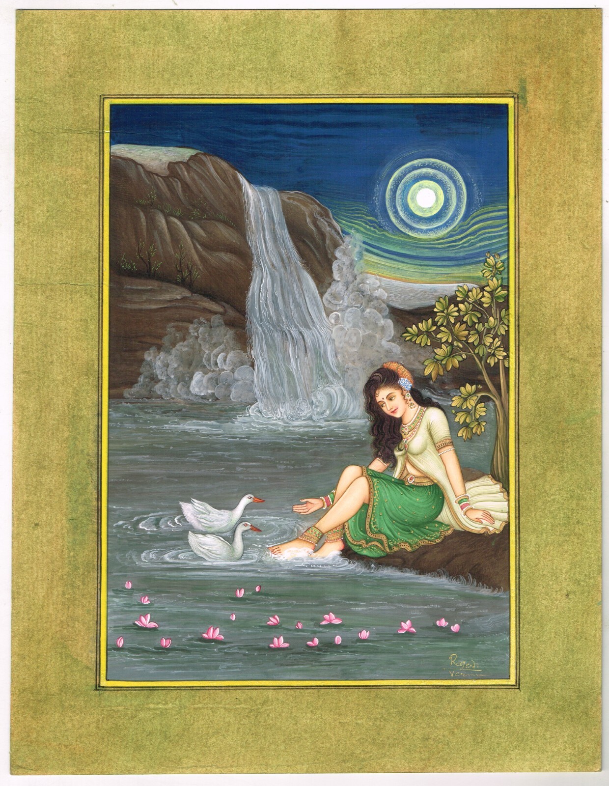 Nature Painting Of Beautiful Women Near Birds Gouache On Paper 10.5×13.5 Inches