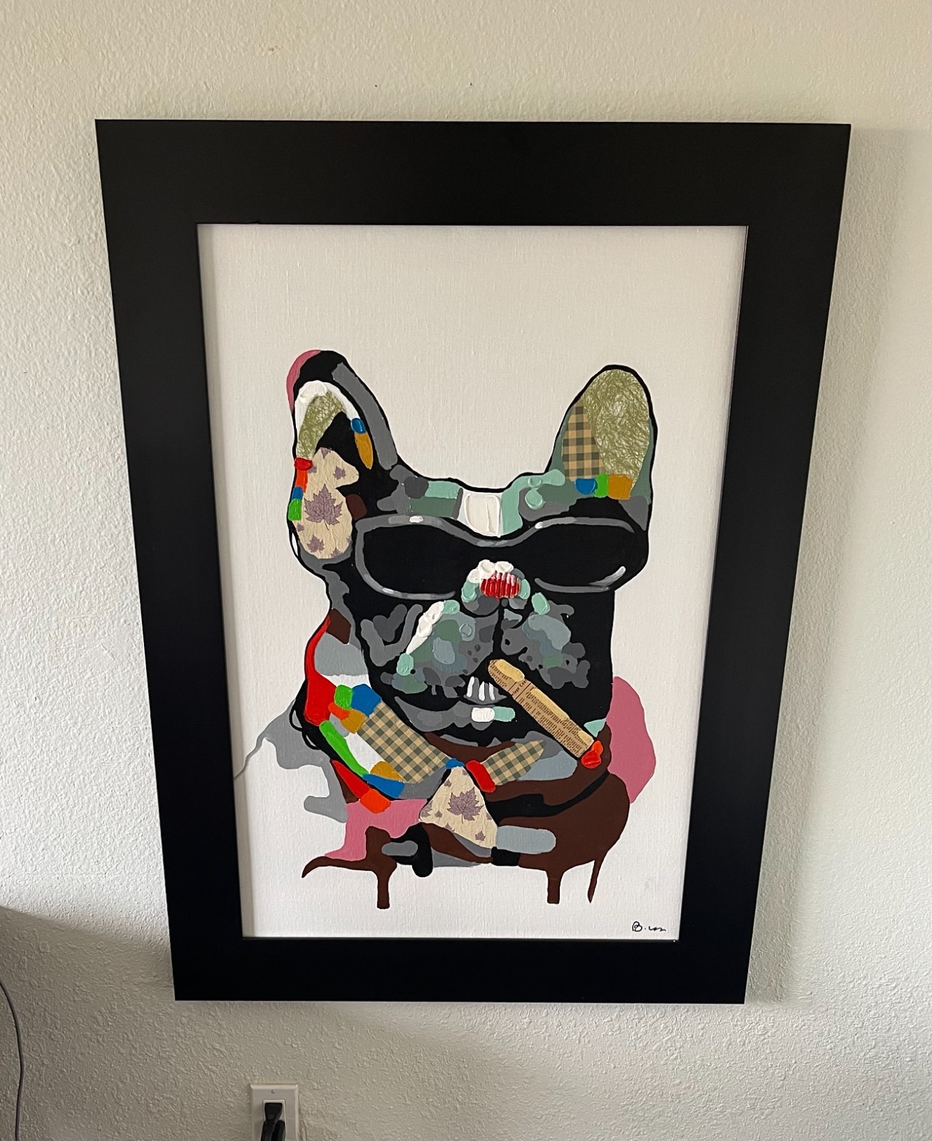 Large Modern Pop Art French Bulldog Smoking a Cigar Painting Framed 43” x 31.75”
