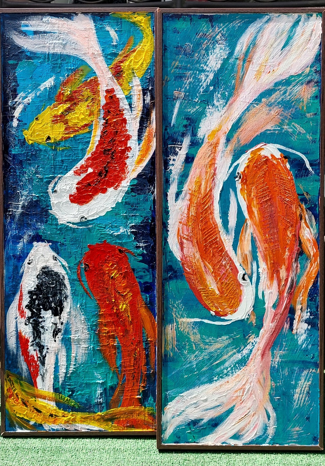 Acrylic original painting on board size 31x12x1.5 inches FRAMED SIGNED Koi pond