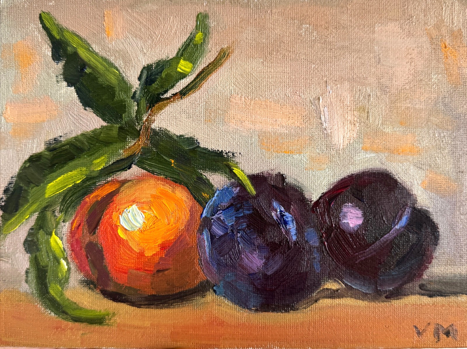 Original Oil Still Life Painting Plums Tangerine Impasto Canvas Wall Art Decor