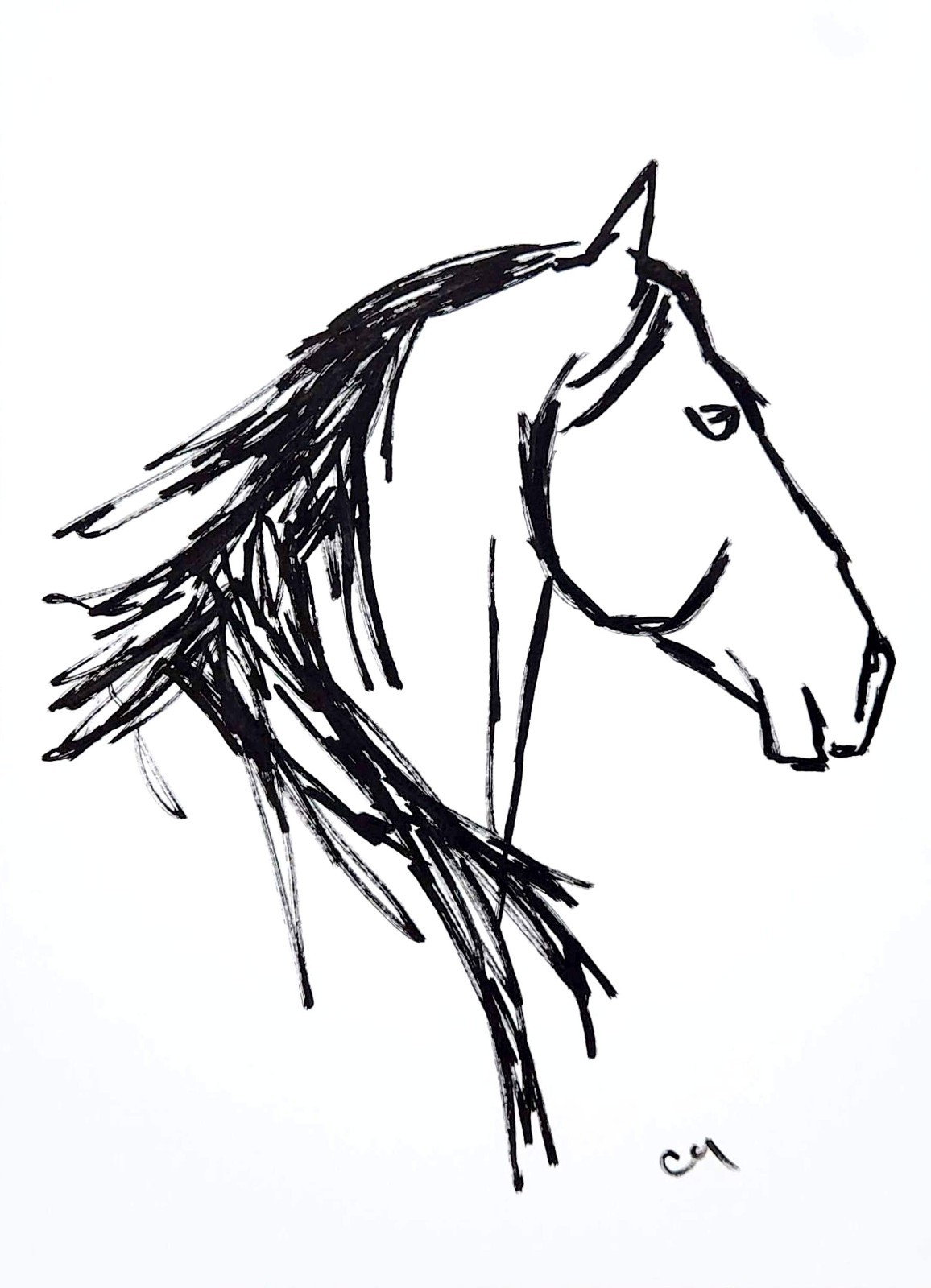 Original Horse 9×12 Acrylic Drawing Minimalist Black White Wall Art Multicolor