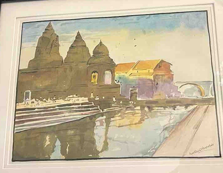VTG Ancient City Temple India Watercolor 15 5/8”T 19 5/8”W (10.25”x14”) Signed