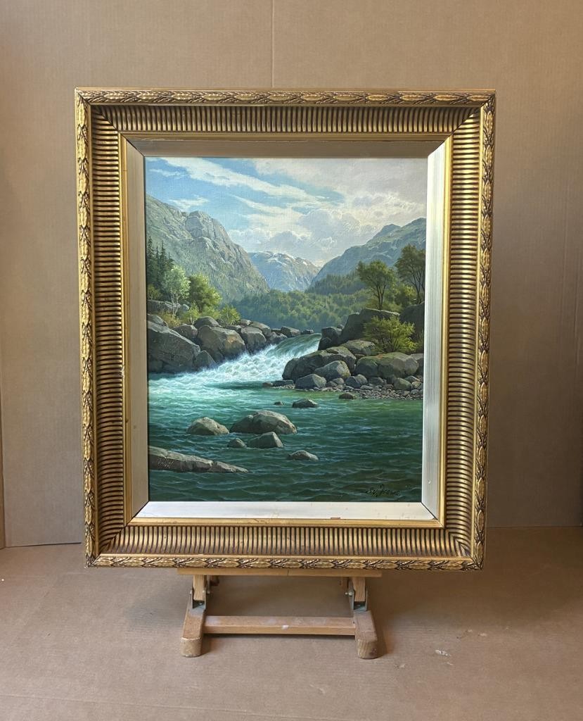 Svend Drews (1919) Norwegian Mountain Waterfall Landscape Oil .ca 1940s. COA