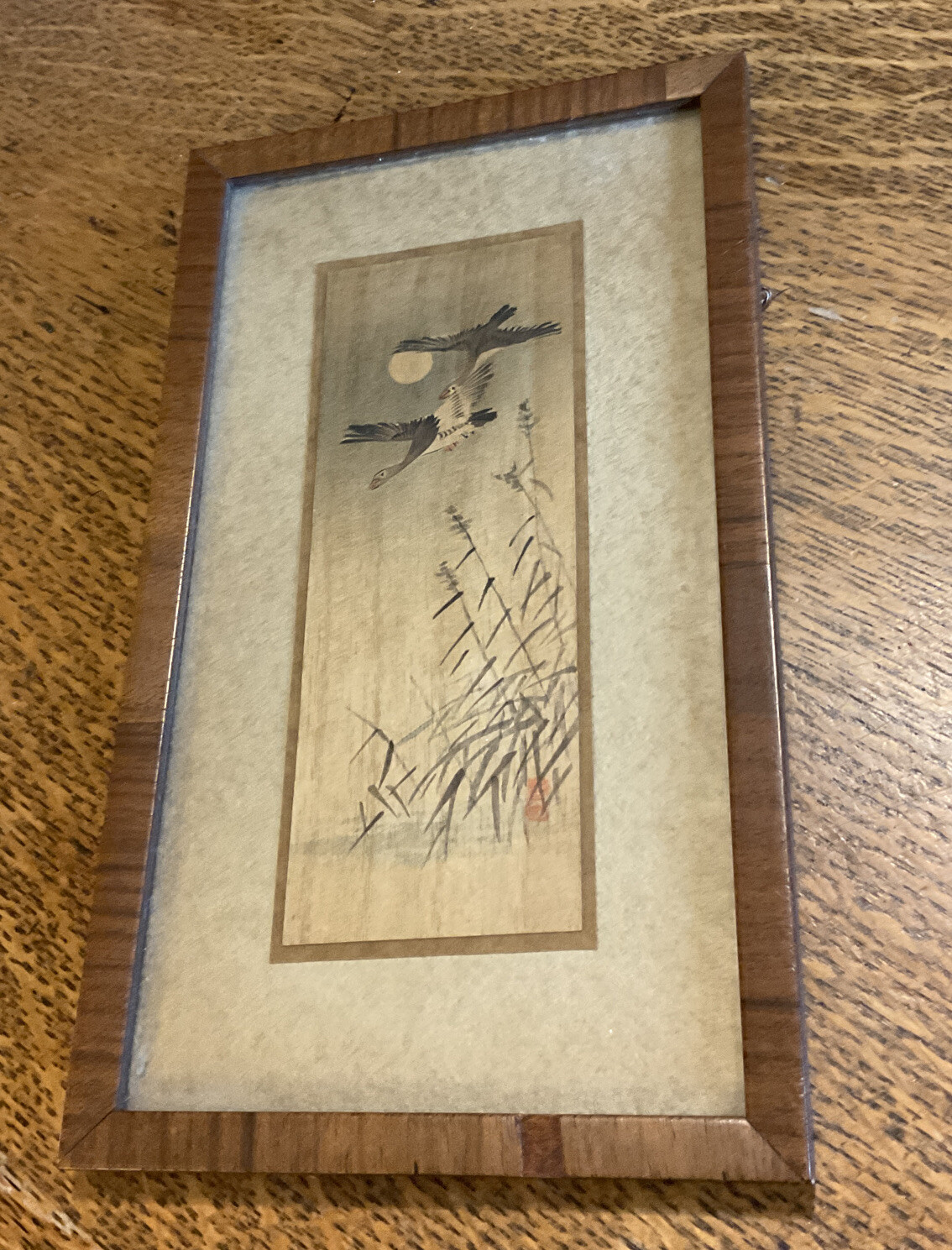 Original Asian Art Framed Signed in Red Kanji – Two Geese 4 3/4″ x 8 1/4″