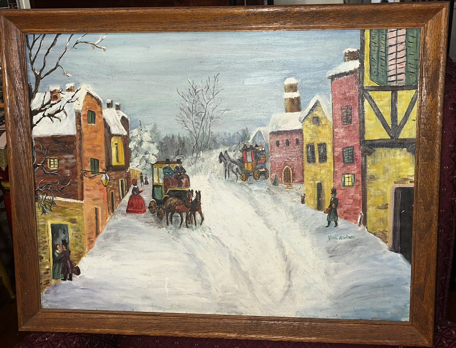 Vintage Victorian Coach Houses Horses Teams Snowy Street Oil Painting on Board