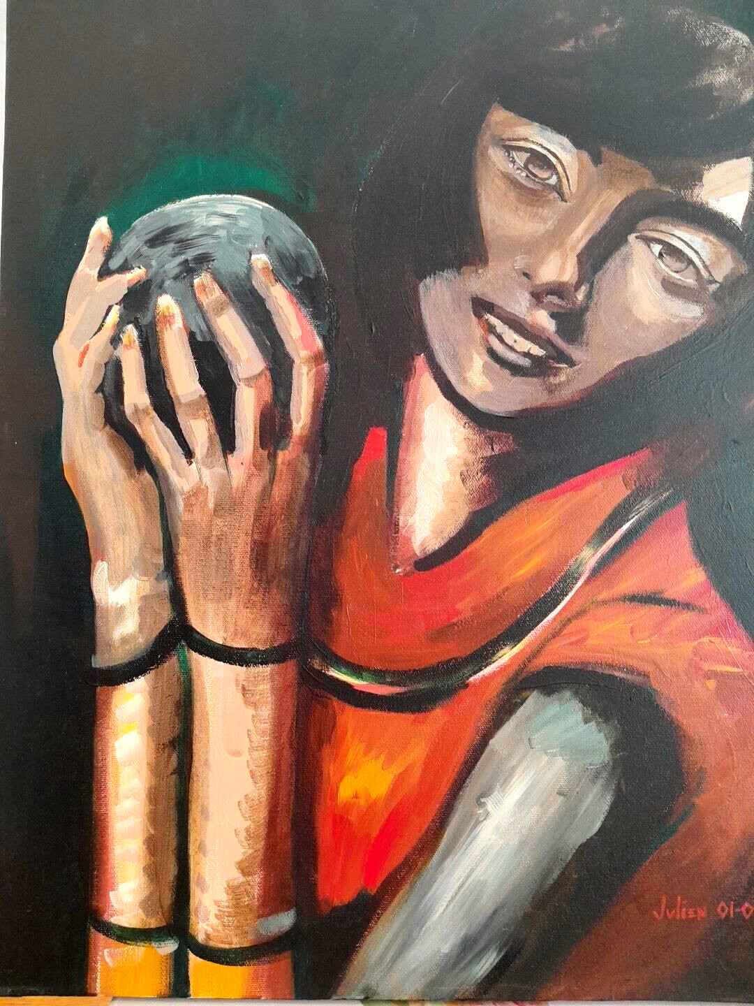 16×20 Acrylic on Canvas Original Contemporary Painting Girl holding sphere/orb