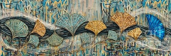 new hand made Painting on 36″*12″ canvas Colorful Fan-Shaped Leaves by Wendy