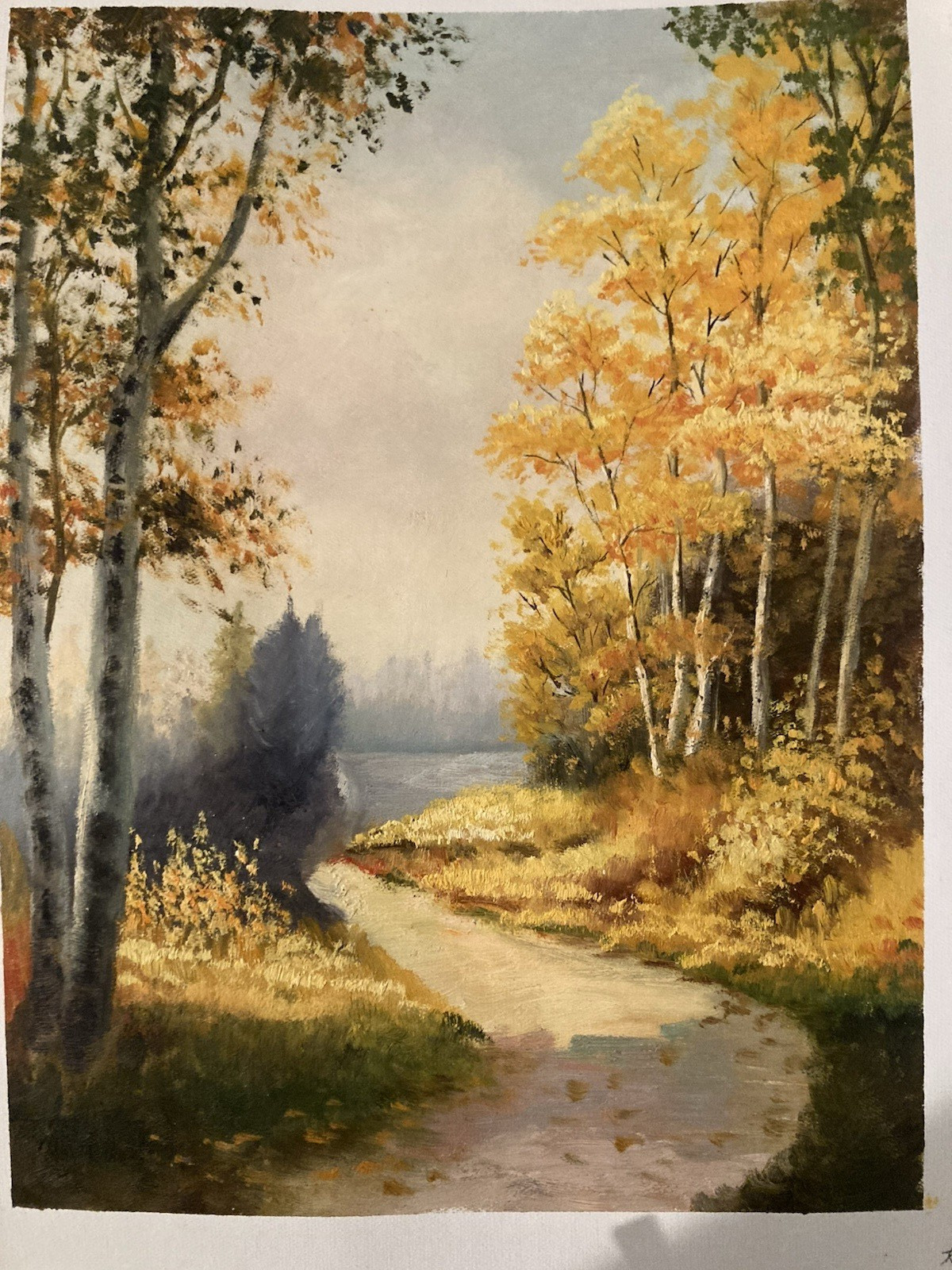 Oil Painting-Autumn Scene with Lakeside Country Path in the Woods
