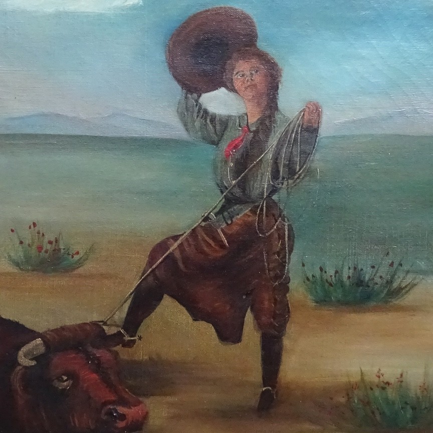 Antique Original Oil Painting on Canvas COWGIRL Roping A Bull Framed 17×16 in