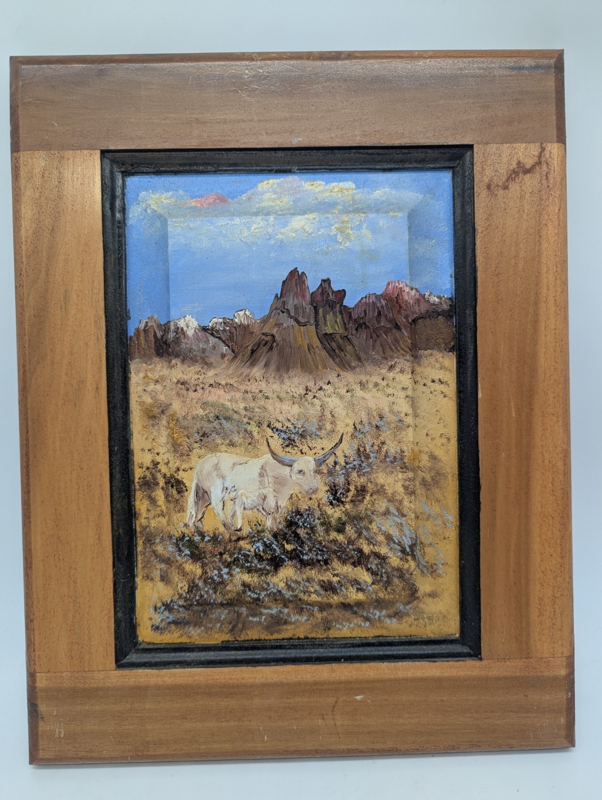 Original Hand-Painted Longhorn Cow Oil on Vintage Cabinet Door Rustic Southwest