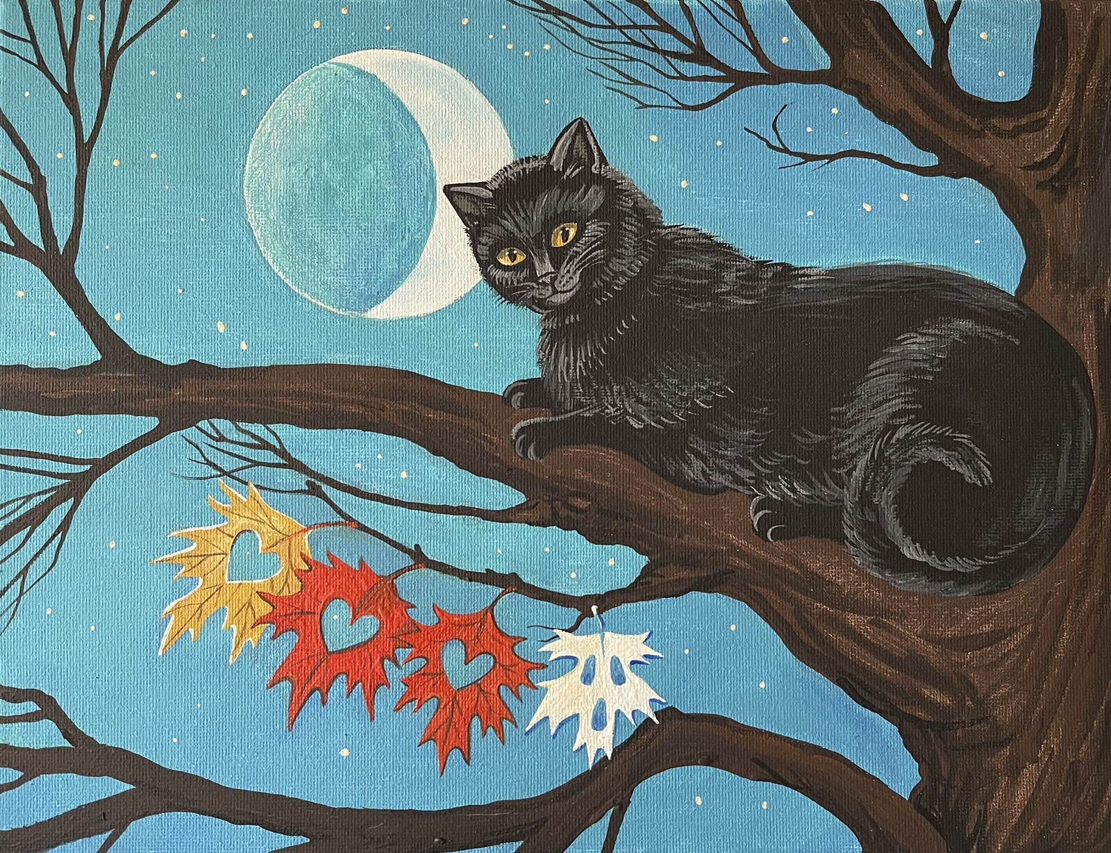 ACEO PRINT OF PAINTING RYTA HALLOWEEN BLACK CAT WITCH AUTUMN FOLK ART Salem 🍁