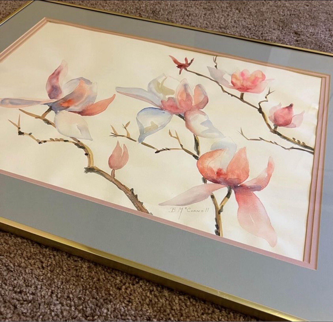 Vintage original watercolor painting signed framed Pink Magnolia Flowers
