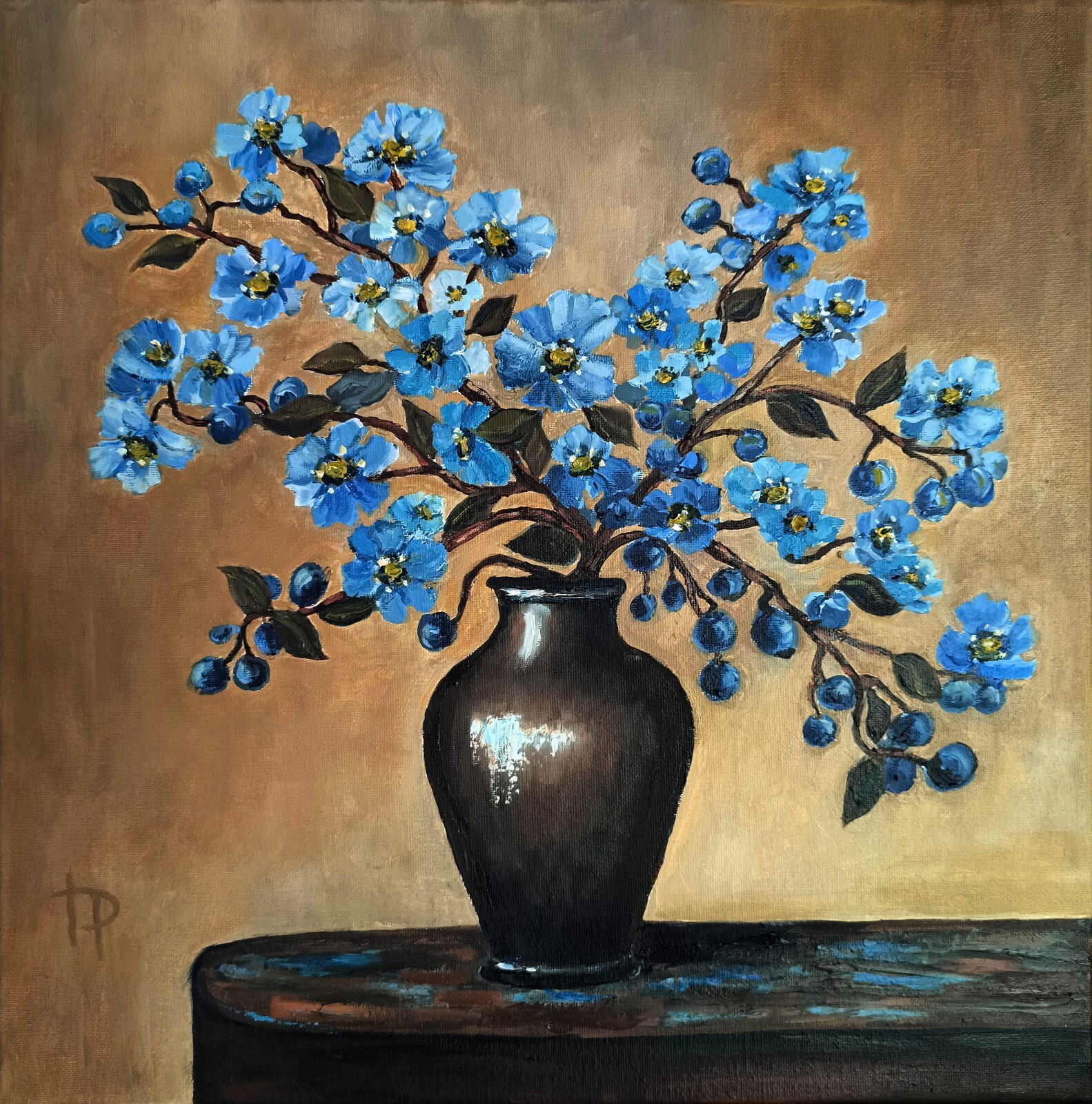 Hand Painted Expressionist Floral Artwork Blue Flowers in Vase Small Artwork