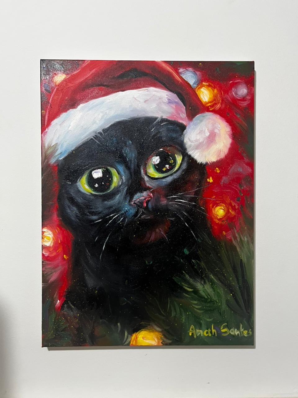 Original Oil Painting Black Cat Christmas Santa Hat – Cute Holiday Wall Art – Ha