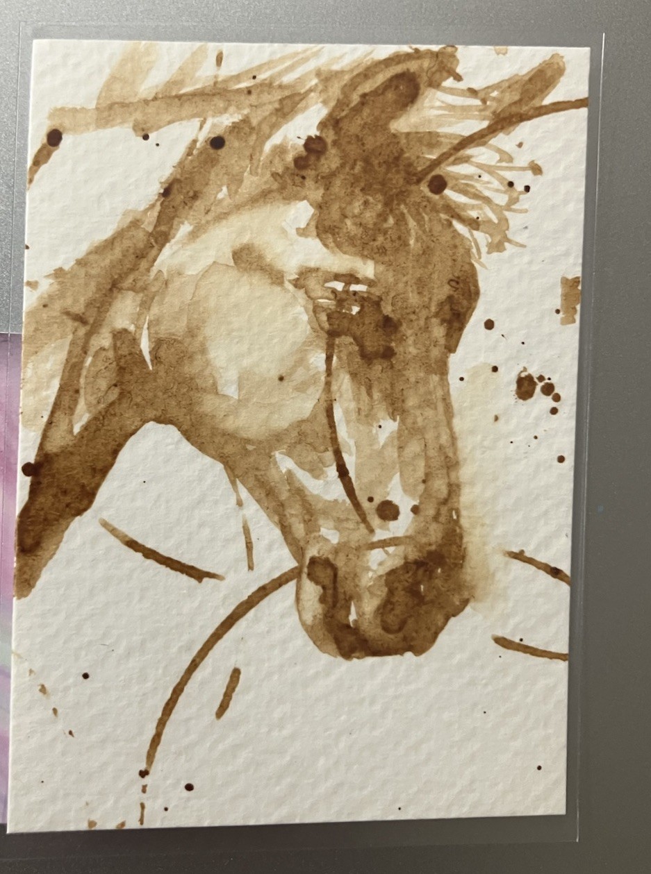 Original Coffee Horse Realism Painting Western ATC Art Aceo Miniature Equestrian